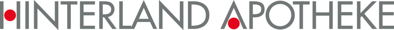 Logo der Hinterland Apotheke. Die Schriftzug ist grau, er Querstrich von dem H und dem A ist ein roter Kreis.